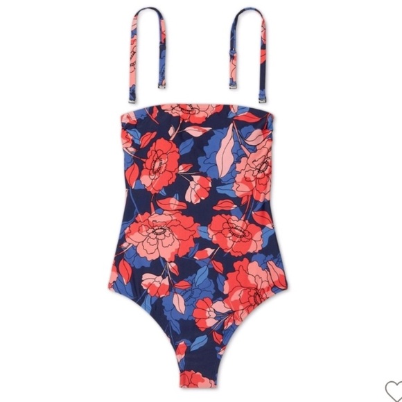 Navy and Coral Floral Convertible Strapless One Piece Swim suit - Picture 3 of 12